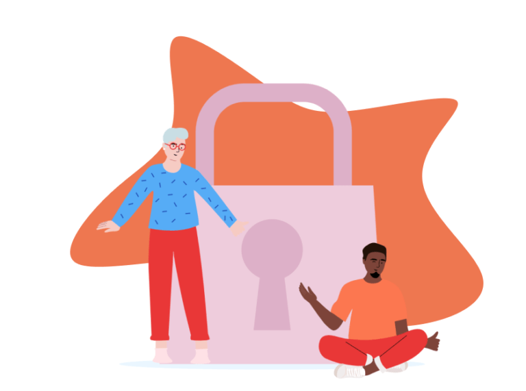 Two illustrated characters sitting in front of a lock