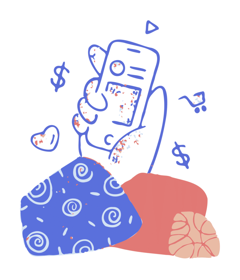 Illustration of phone with different icons representing online activities