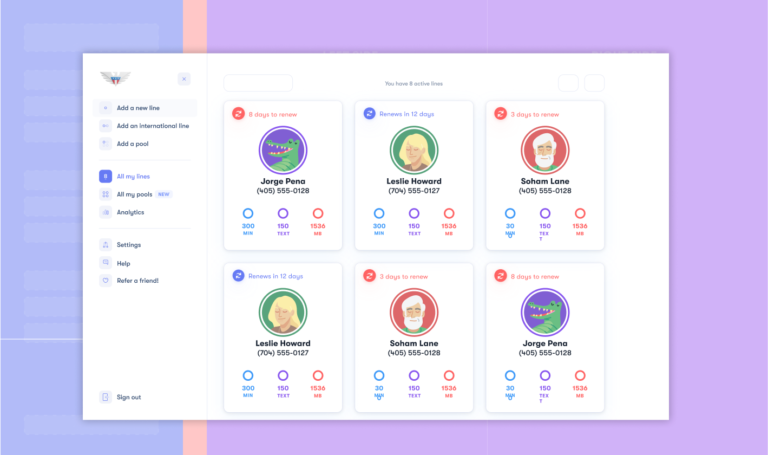 A screenshot of US Mobile dashboard showing all the individual lines