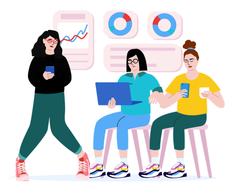 An illustration of 3 girls checking analytics, how much data they saved