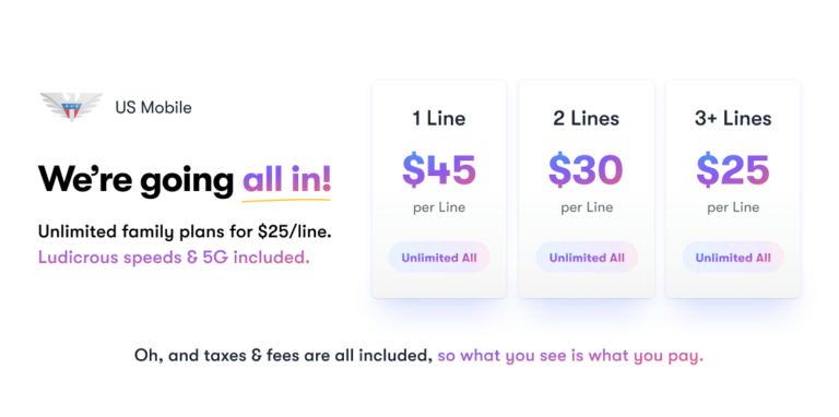 Pricing of US Mobile Unlimited all plan with 5G speeds