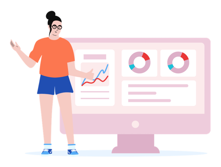 A women presenting analytics on screen
