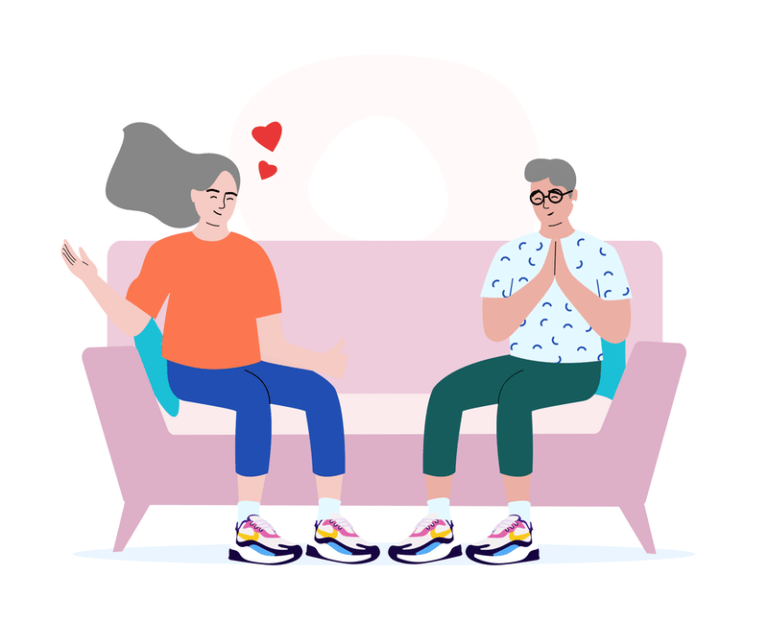 Two people sitting on the sofa and spending quality time