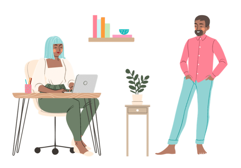 2 colleagues talking while one is working on laptop