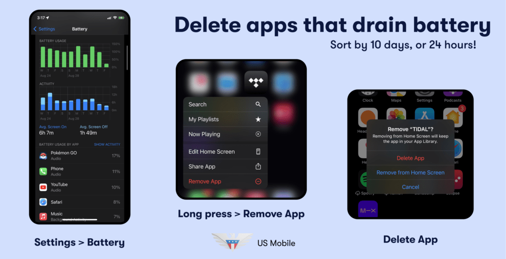 11 savvy tips to boost your iPhone's battery life Delete apps that drain battery. Settings > Battery. Long press > Remove App. Delete app.