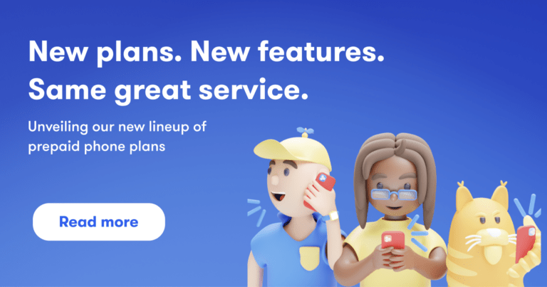 Banner with people and a cat using cell phones that reads "New plans. New Features. Same Great Service. Unveiling our new lineup of prepaid phone plans."
