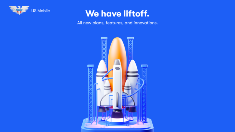 US Mobile social media graphic featuring a rocket on a launchpad ready for liftoff against a vibrant blue background. Above the rocket, text reads 'We have liftoff. All new plans, features, and innovations.' The US Mobile logo is displayed prominently at the top.