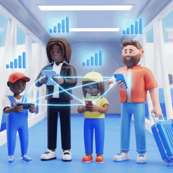 3d illustration of family with phones staying connected with each other with a pooled plan