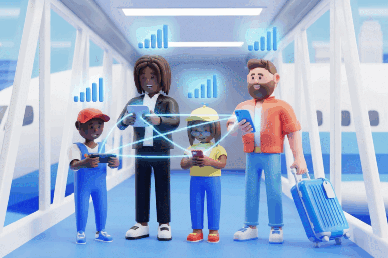 3d Illustration of family with phones staying connected with each other with a pooled plan
