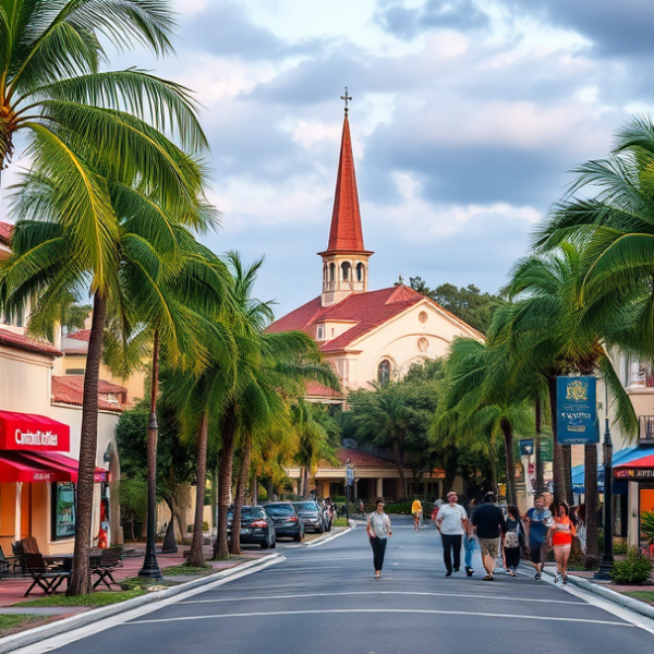 AT&T Coverage, Stores & Plans in Abacoa, Jupiter FL 33458 A vibrant street scene in Abacoa, Jupiter, FL (33458), showcasing lush palm-lined sidewalks and charming Mediterranean Revival and Key West-style homes with stu
