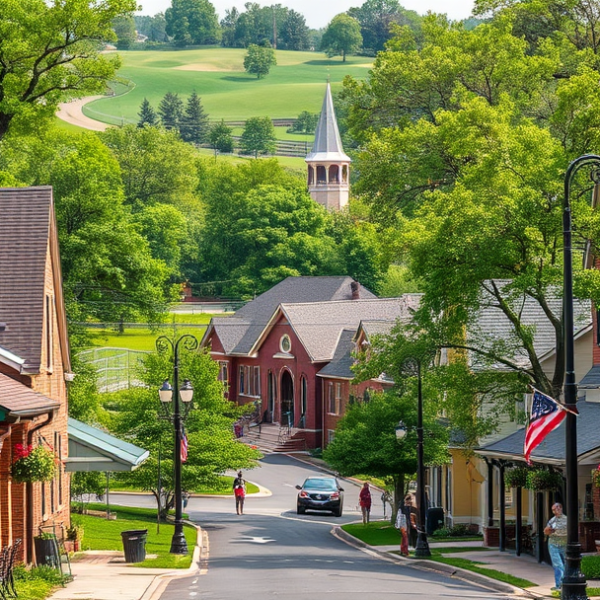 AT&T Coverage, Stores & Plans in Aboite Township, Fort Wayne IN 46814 A vibrant street scene in Aboite Township, Fort Wayne, IN 46814, showcasing a cozy café with outdoor seating and murals depicting local history on nearby walls,