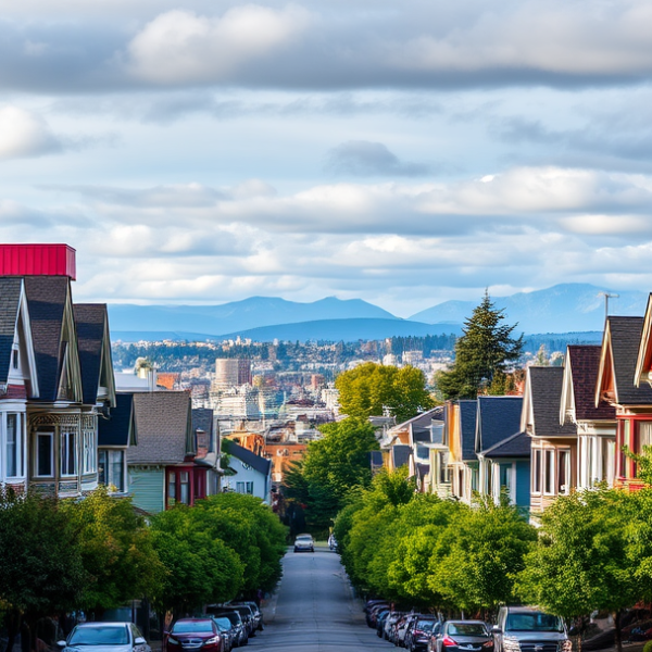 AT&T Coverage, Stores & Plans in Adams, Seattle WA 98107 A vibrant street scene in Adams, Seattle, WA (98107), showcasing a mix of historic Craftsman houses and modern townhomes with colorful facades and lush front ga