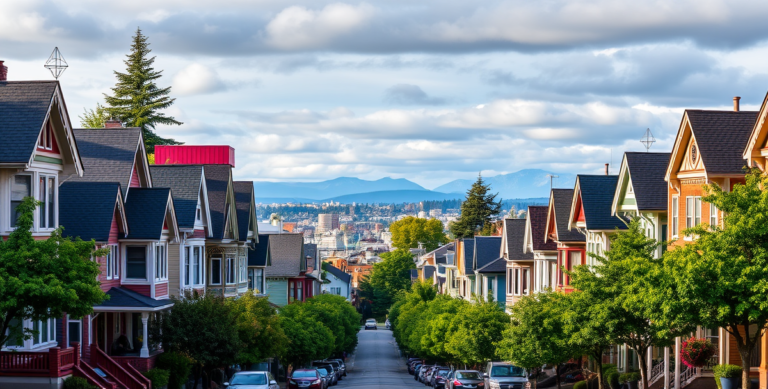 A vibrant street scene in Adams, Seattle, WA (98107), showcasing a mix of historic Craftsman houses and modern townhomes with colorful facades and lush front ga