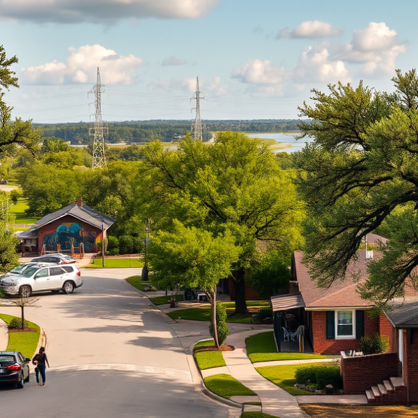 AT&T Coverage, Stores & Plans in Addicks Park Ten, Houston TX 77084 A vibrant street scene in Addicks Park Ten, Houston, TX 77084, showcasing lush greenery and mature oak trees lining suburban streets. In the background, a mural