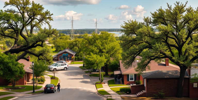 A vibrant street scene in Addicks Park Ten, Houston, TX 77084, showcasing lush greenery and mature oak trees lining suburban streets. In the background, a mural