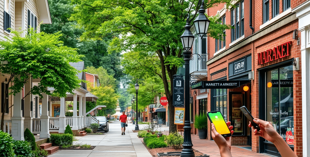 A vibrant street scene in addison heights, marietta, ga 30066, showcasing charming craftsman-style homes with inviting porches, lush greenery lining the sidewal