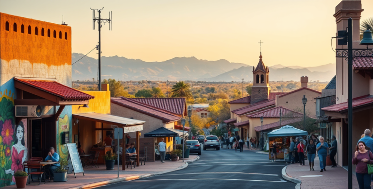 A vibrant street scene in Adobe Dam, Glendale, AZ (85310), capturing a lively neighborhood with colorful murals depicting local history and desert flora on near