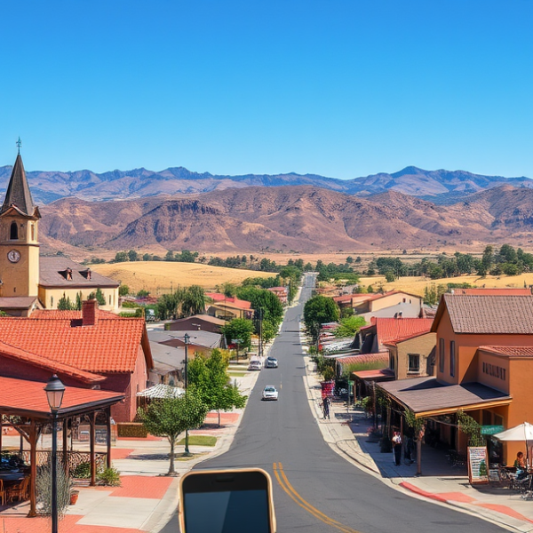 AT&T Coverage, Stores & Plans in Agua Dulce, Santa Clarita CA 91390 A vibrant street scene in Agua Dulce, Santa Clarita, CA (zip 91390), featuring a charming neighborhood with rustic ranch-style homes and modern suburban houses,