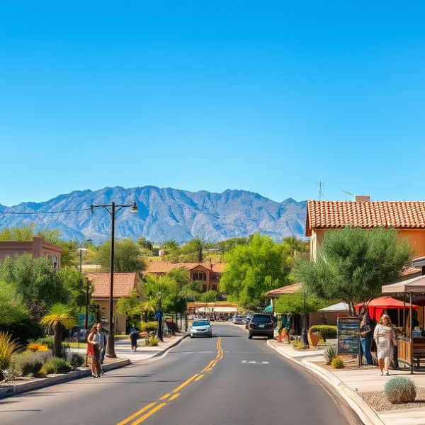 T-Mobile Plans, Coverage & Stores in Ahwatukee, Phoenix AZ 85076 A vibrant street scene in Ahwatukee, Phoenix, AZ 85076, showcasing lush desert landscaping lining a quiet suburban street. In the background, the distant silhou