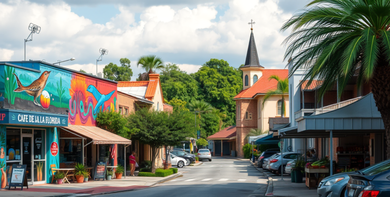 A vibrant street scene in Airport North, Orlando, FL 32822, showcasing a lively neighborhood with colorful murals of local wildlife and aviation history adornin
