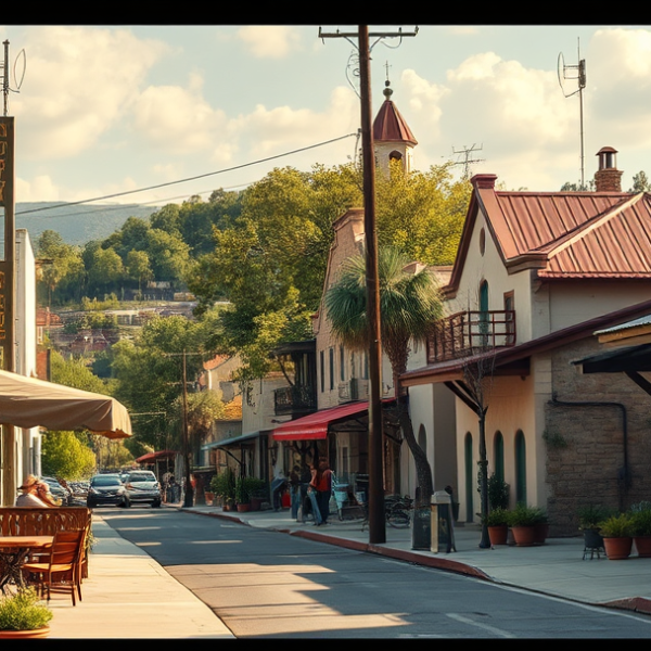T-Mobile Plans, Coverage & Stores in Airport Vicinity, San Antonio TX 78280 A realistic street scene in Airport Vicinity, San Antonio, TX 78280, showcasing a vibrant neighborhood with colorful murals depicting local history and culture