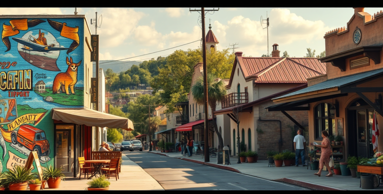 A realistic street scene in Airport Vicinity, San Antonio, TX 78280, showcasing a vibrant neighborhood with colorful murals depicting local history and culture