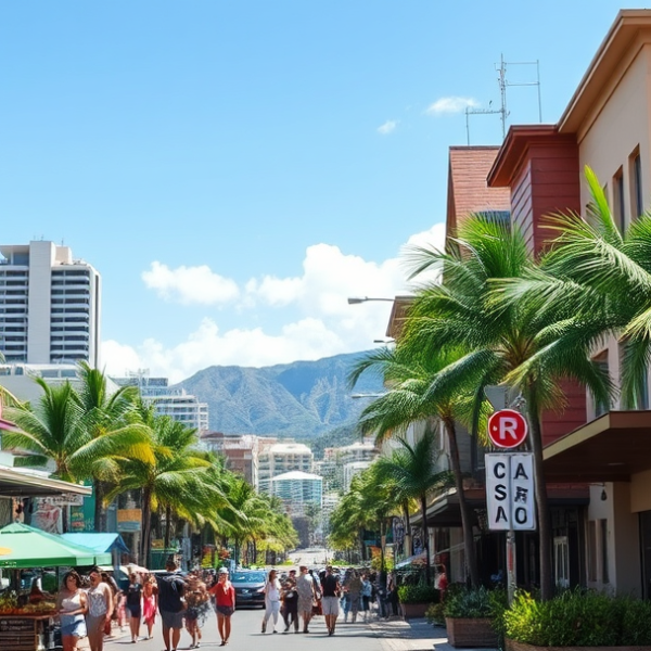 AT&T Coverage, Stores & Plans in Ala Moana, Honolulu HI 96814 A vibrant street scene in Ala Moana, Honolulu HI 96814, showcasing a lively urban neighborhood with lush tropical greenery and distant views of Diamond Head cra