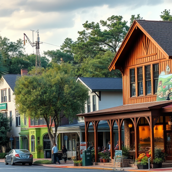 AT&T Coverage, Stores & Plans in Alachua, Gainesville FL 32609 A vibrant street scene in Alachua, Gainesville FL 32609, showcasing a lively neighborhood with colorful murals depicting local history and nature, including a p