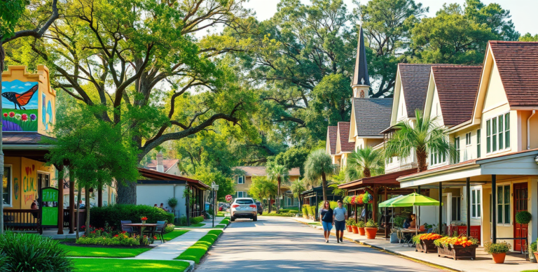 A vibrant street scene in Alafaya, Orlando, FL 32820, showcasing a quaint neighborhood with colorful murals depicting local wildlife and community pride on resi