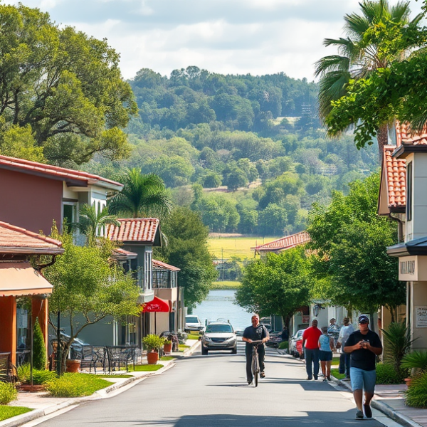 AT&T Coverage, Stores & Plans in Alafaya, Orlando FL 32831 A vibrant street scene in Alafaya, Orlando, FL 32831, featuring lush greenery and a mix of modern and Mediterranean-inspired homes with stucco facades, terracot
