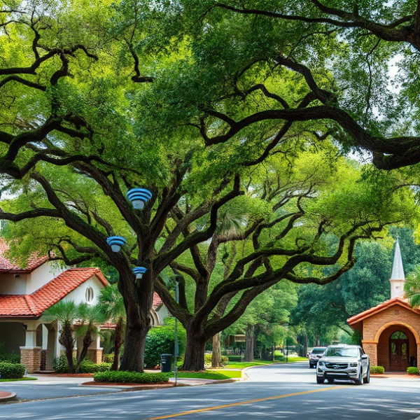 AT&T Coverage, Stores & Plans in Alafaya, Orlando FL 32833 A vibrant street scene in Alafaya, Orlando, FL 32833, showcasing lush, mature oak trees draping over quiet suburban roads, with colorful murals depicting local