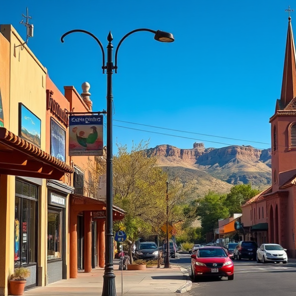 AT&T Coverage, Stores & Plans in Alameda, Albuquerque NM 87114 A vibrant street scene in Alameda, Albuquerque, NM (zip 87114), showcasing a neighborhood rich in local charm: colorful murals depicting Southwest landscapes an