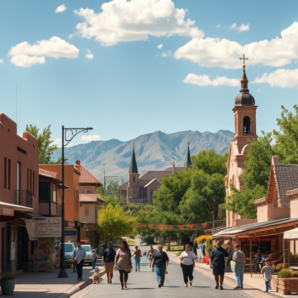 AT&T Coverage, Stores & Plans in Albuquerque Meadows, Albuquerque NM 87199 A vibrant street scene in Albuquerque Meadows, Albuquerque, NM 87199, showcasing a sunny day with a backdrop of the Sandia Mountains in the distance. Local land