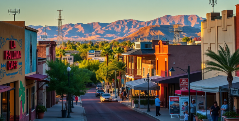 A vibrant street scene in Alhambra, Phoenix, AZ (85061), showcasing colorful murals depicting local history and cultural motifs adorning stucco walls, with icon