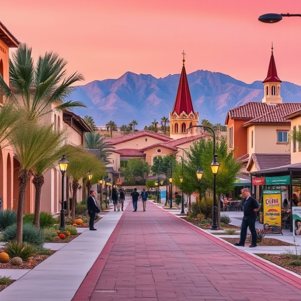 AT&T Coverage, Stores & Plans in Aliante, Las Vegas NV 89131 A vibrant street scene in Aliante, Las Vegas NV 89131, featuring lush landscaped sidewalks lined with modern Mediterranean-style homes and subtle architectural