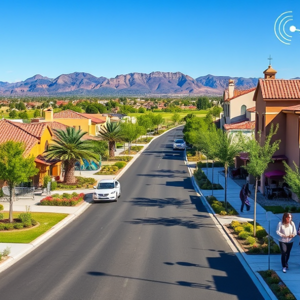 AT&T Coverage, Stores & Plans in Aliante, North Las Vegas NV 89031 A vibrant street scene in Aliante, North Las Vegas, NV (zip 89031), showcasing lush landscaped sidewalks lined with modern Mediterranean-style homes featuring s