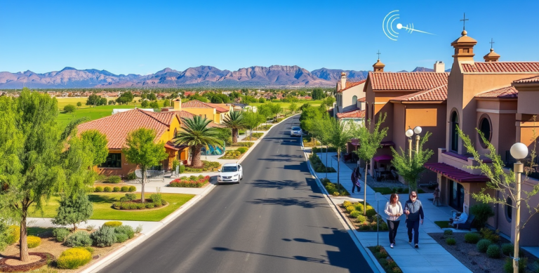 A vibrant street scene in Aliante, North Las Vegas, NV (zip 89031), showcasing lush landscaped sidewalks lined with modern Mediterranean-style homes featuring s