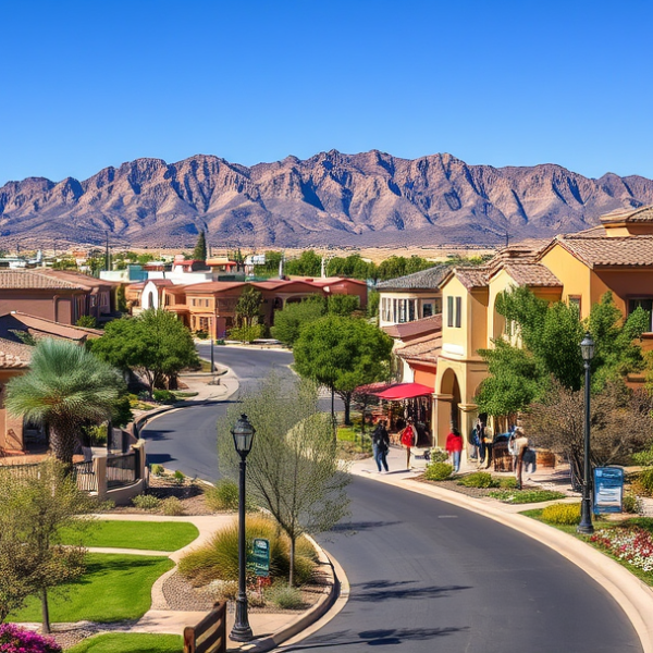 AT&T Coverage, Stores & Plans in Aliante, North Las Vegas NV 89033 A vibrant street scene in Aliante, North Las Vegas, NV 89033, showcasing lush green parks with winding pathways and native desert plants, framed by modern subur