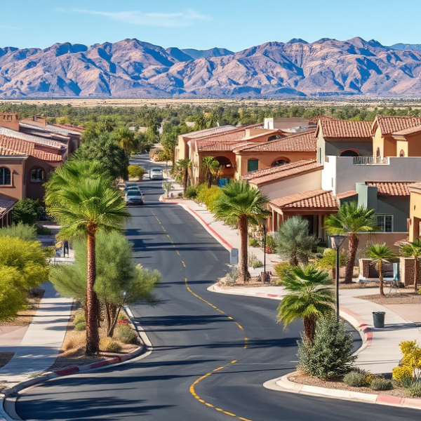 AT&T Coverage, Stores & Plans in Aliante, North Las Vegas NV 89036 A vibrant street scene in Aliante, North Las Vegas, NV (89036), featuring lush desert landscaping and modern suburban architecture with clean lines, stucco faca
