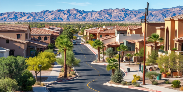 A vibrant street scene in Aliante, North Las Vegas, NV (89036), featuring lush desert landscaping and modern suburban architecture with clean lines, stucco faca