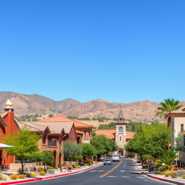 AT&T Coverage, Stores & Plans in Aliante, North Las Vegas NV 89081 A vibrant street scene in Aliante, North Las Vegas, NV 89081, featuring lush desert landscaping and low-rise suburban homes with Southwestern stucco facades, ti