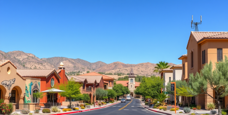 A vibrant street scene in Aliante, North Las Vegas, NV 89081, featuring lush desert landscaping and low-rise suburban homes with Southwestern stucco facades, ti