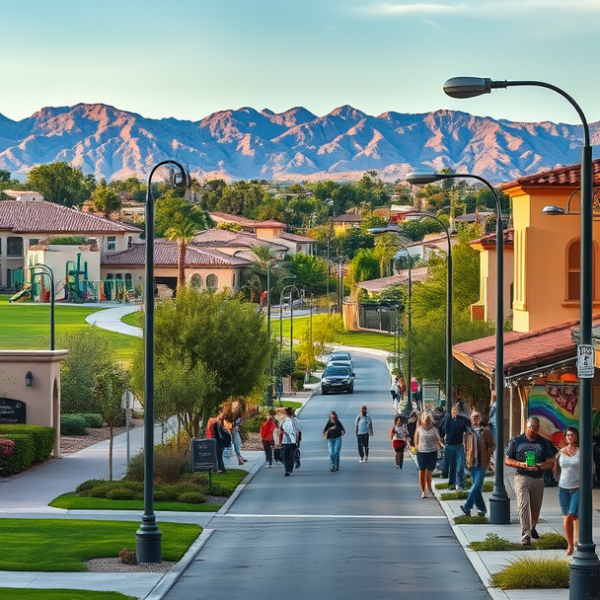 AT&T Coverage, Stores & Plans in Aliante, North Las Vegas NV 89084 A vibrant street scene in Aliante, North Las Vegas, NV 89084, featuring lush landscaped sidewalks lined with modern stucco homes showcasing Mediterranean-inspir