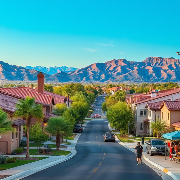 AT&T Coverage, Stores & Plans in Aliante, North Las Vegas NV 89085 A vibrant street scene in Aliante, North Las Vegas, NV (89085), showcasing lush green parks with winding walking trails and colorful murals depicting desert flo