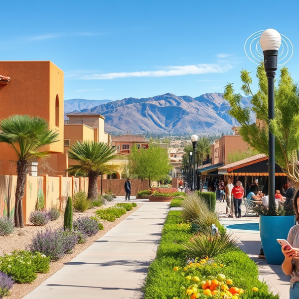 AT&T Coverage, Stores & Plans in Aliante, North Las Vegas NV 89086 A vibrant street scene in Aliante, North Las Vegas, NV 89086, featuring lush landscaped sidewalks lined with modern stucco homes showcasing Southwestern-inspire