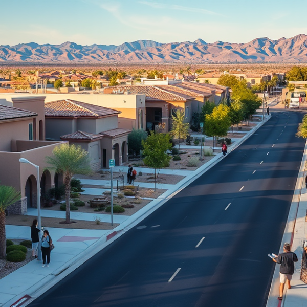 AT&T Coverage, Stores & Plans in Aliante, North Las Vegas NV 89087 A vibrant street scene in Aliante, North Las Vegas, NV 89087, showcasing lush desert landscaping and wide boulevards lined with contemporary suburban homes feat