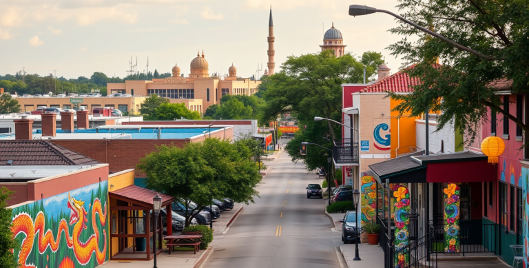A vibrant street scene in Alief, Houston, TX 77099, showcasing colorful murals depicting local culture and community pride, with a prominent mural of traditiona