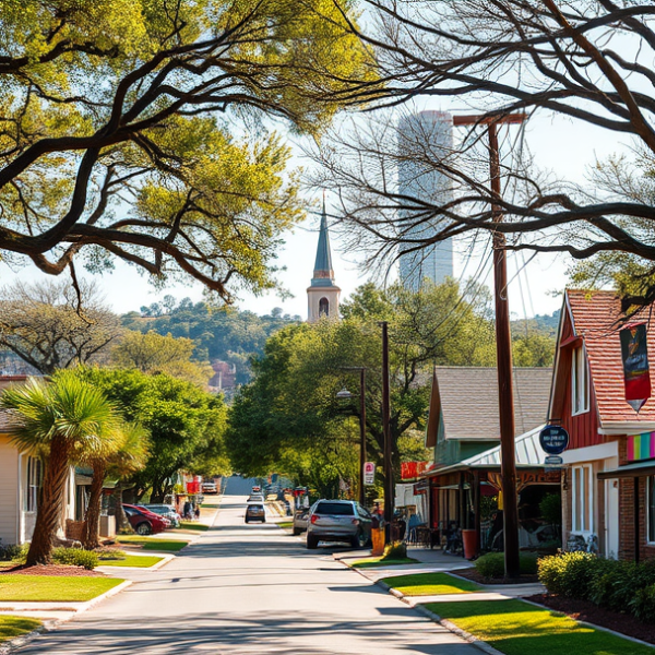 T-Mobile Plans, Coverage & Stores in Allandale, Austin TX 78766 A vibrant street scene in Allandale, Austin, TX 78766, showcasing charming mid-century ranch-style homes with well-kept lawns and mature oak trees lining the si