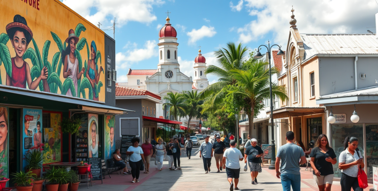 A vibrant street scene in Allapattah, Miami, FL 33242, showcasing colorful murals depicting Caribbean and Latin American cultural motifs on weathered walls, wit