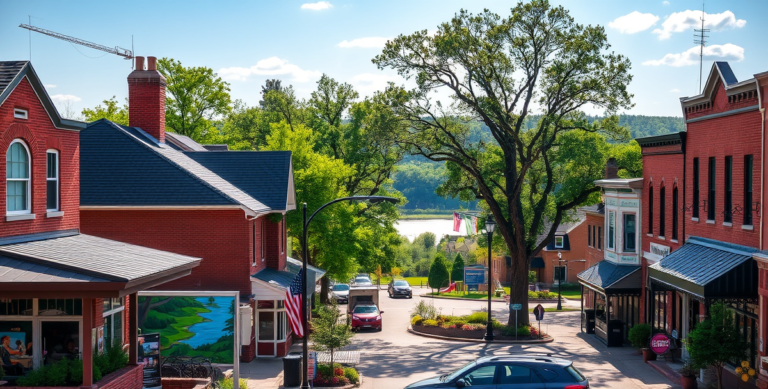 A vibrant street scene in Allouez, Green Bay, WI 54302, showcasing a charming neighborhood with historic brick houses and cozy bungalows lining tree-lined boule
